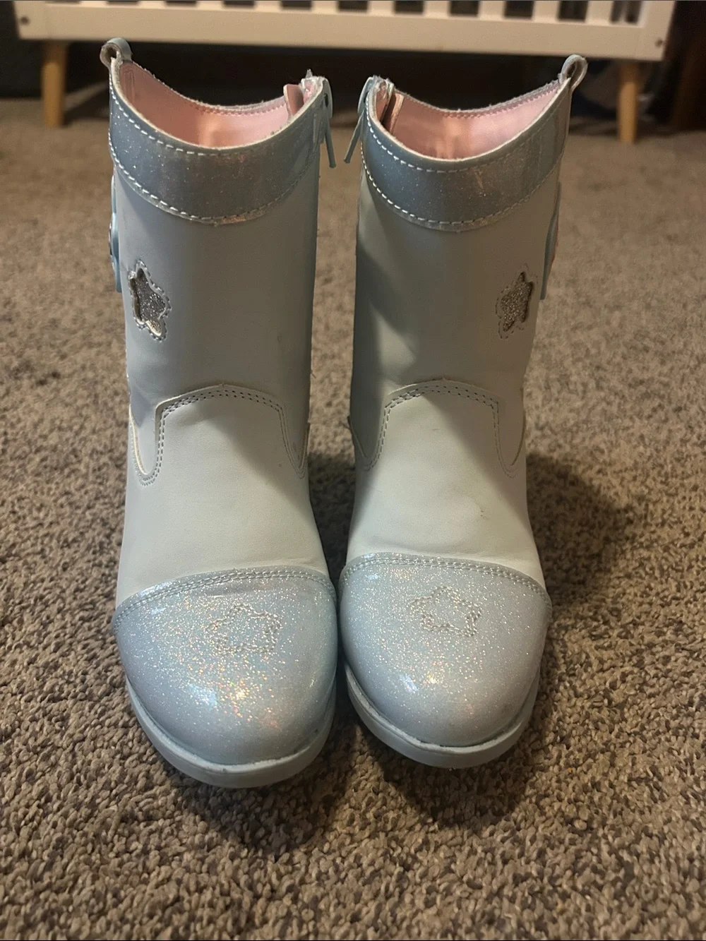 Girls Light Blue Glitter Star Boots with Character Accent